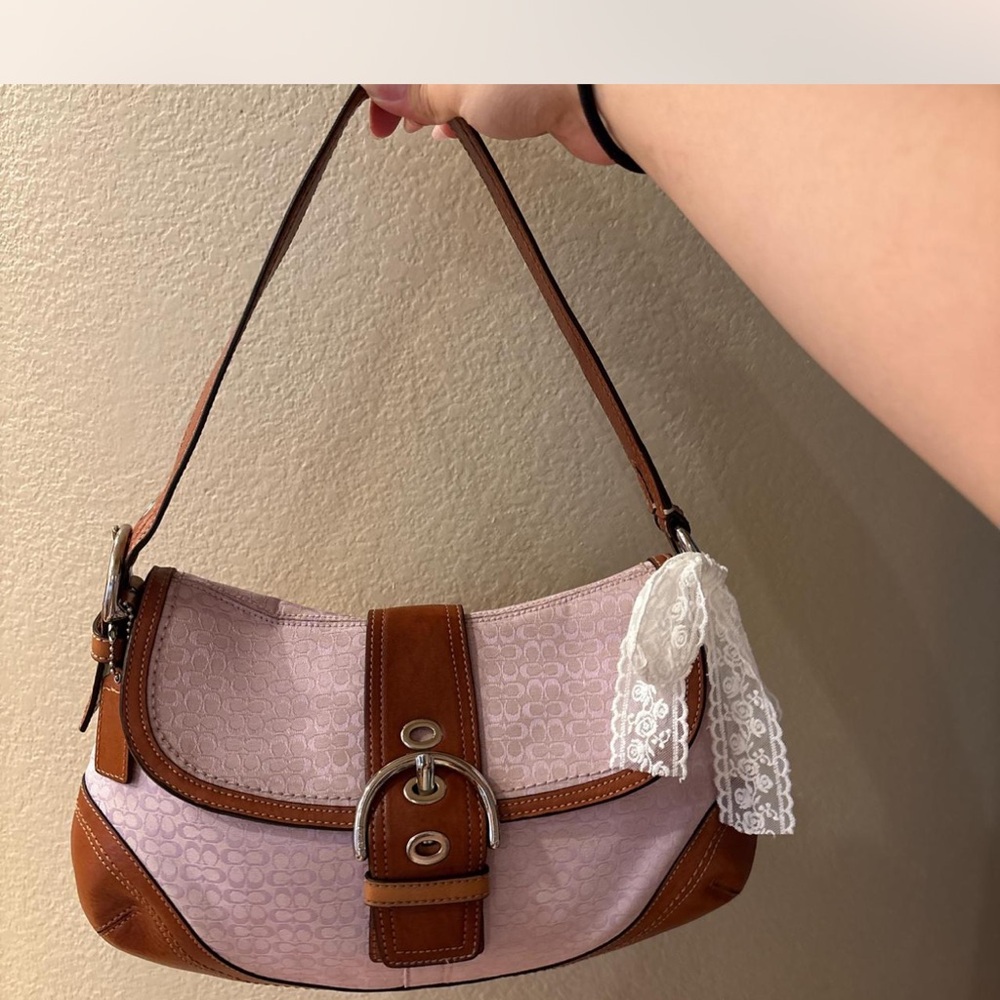 (SOLD) Coach Brown and Purple Shoulder Bag with Elegant Leather Accents